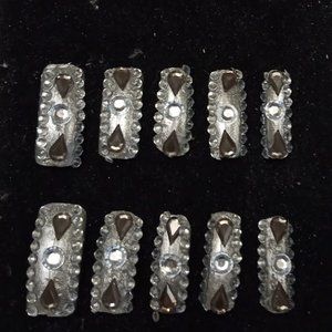 Custom Gel Press on Nails Handmade 10 pc set LONG full bling gemstone Silver